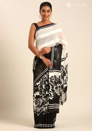 Black And White Abstract Printed Chiffon Saree
