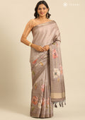 Dusty Brown Floral Printed Tussar Saree - Taashi
