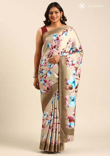 Beige Floral Digital Printed Satin Saree