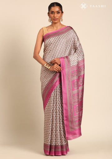 Cream And Teal A/O Floral Printed Art Tussar Matka Silk Saree
