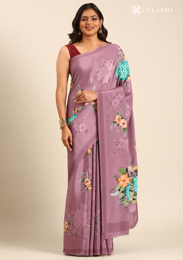 Purple Floral Digital Printed Crepe Saree