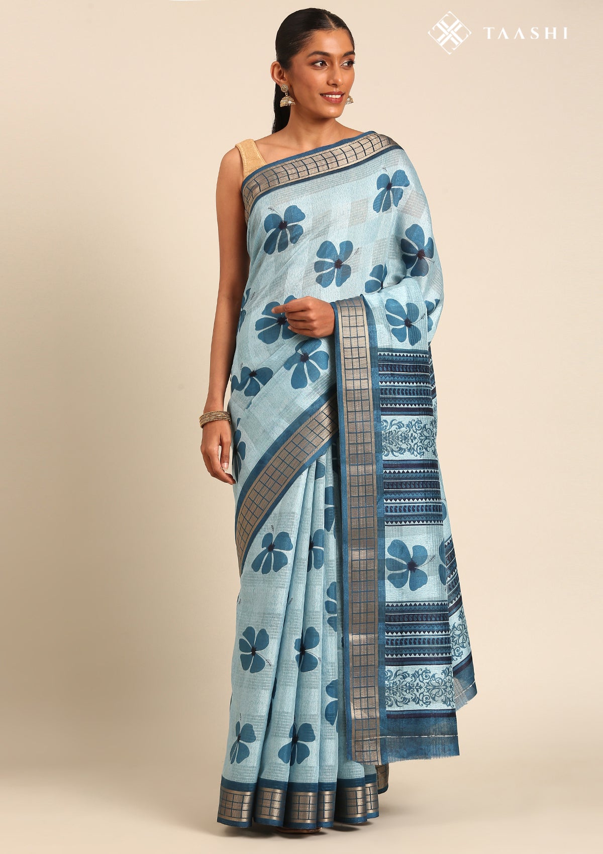 Powder Blue Hibiscus Printed Tussar Saree