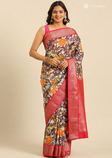 Ivory Pure Silk Painted Graphic Floral Printed Saree