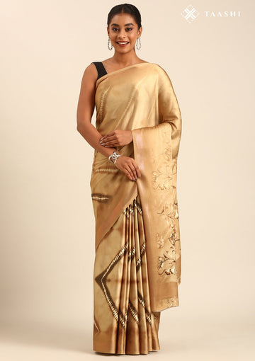 Amber Gold Satin Contemporary Printed Saree