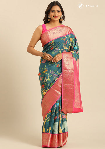 Teal Pure Silk Forest Inspired Printed Saree