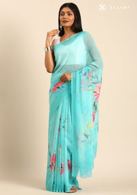 Turquoise Blue Georgette Contemporary Printed Saree