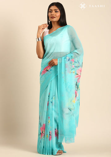 Turquoise Blue Georgette Contemporary Printed Saree