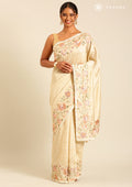 Pastel Olive Green Floral Embroiderd Linen Saree - Taashi