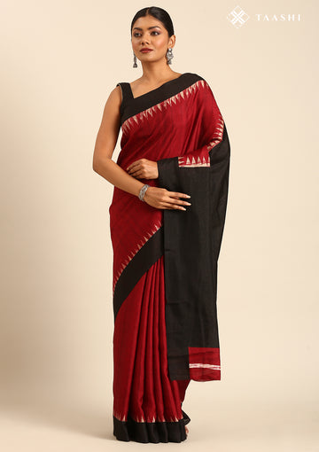 Red And Black Temple Border Printed Tussar Saree