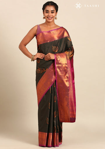 Forest Green Silk Kattam Kanjivaram Weave Saree