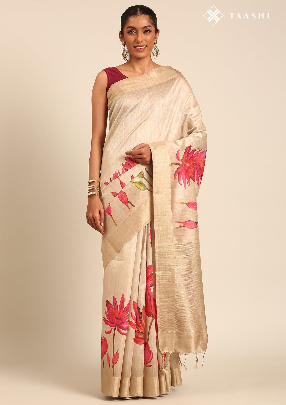 Beige Floral Printed Tussar Saree