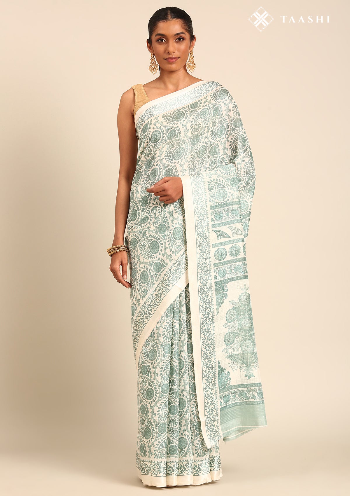 Cream And Sage Green Stylised A/O Paisley Pattern Linen Saree
