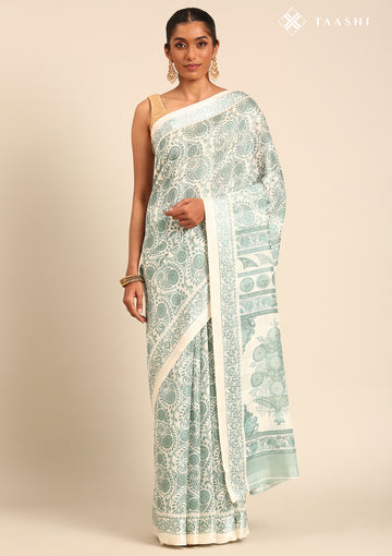 Cream And Sage Green Stylised A/O Paisley Pattern Linen Saree