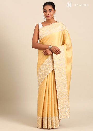 Pastel Yellow Floral Embroidered Tussar Saree
