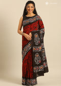Red And Dark Brown Batik Printed Cotton Saree - Taashi