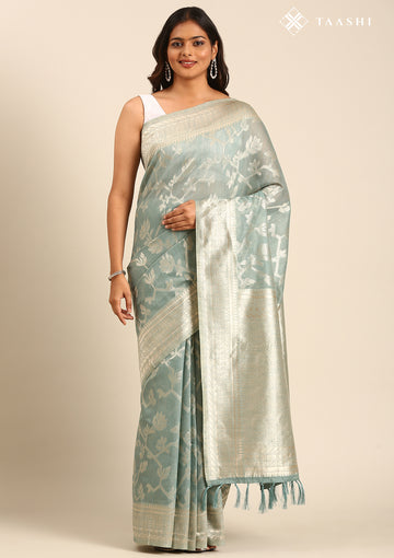 Teal Floral Woven Tussar Saree