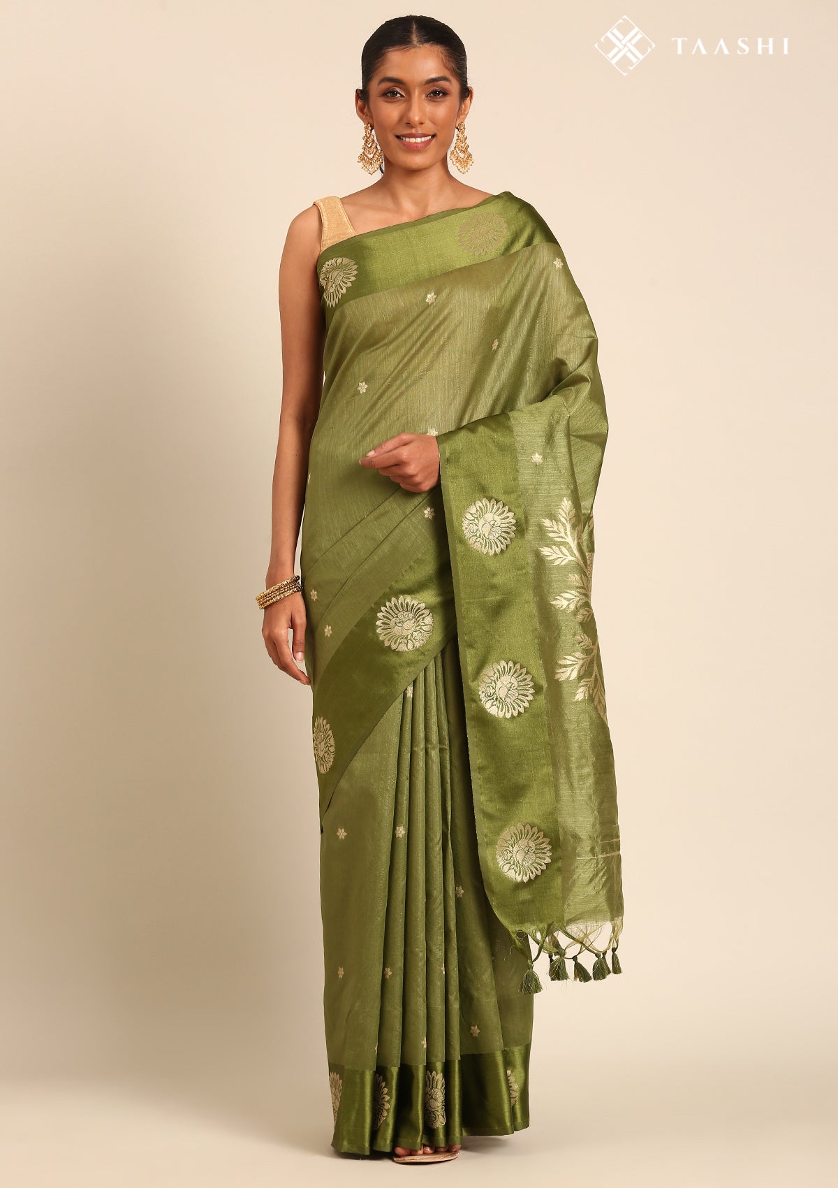 Olive Green Peacock Jacquard Pattern Tussar Saree