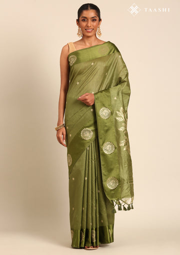 Olive Green Peacock Jacquard Pattern Tussar Saree