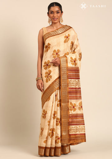 Mustard Yellow Hibiscus Printed Tussar Saree