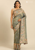 Metallic Dusty Green Nature InspiRed Embroiderd Tissue Saree - Taashi
