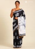 Black Batik Elephant Printed Cotton Saree - Taashi