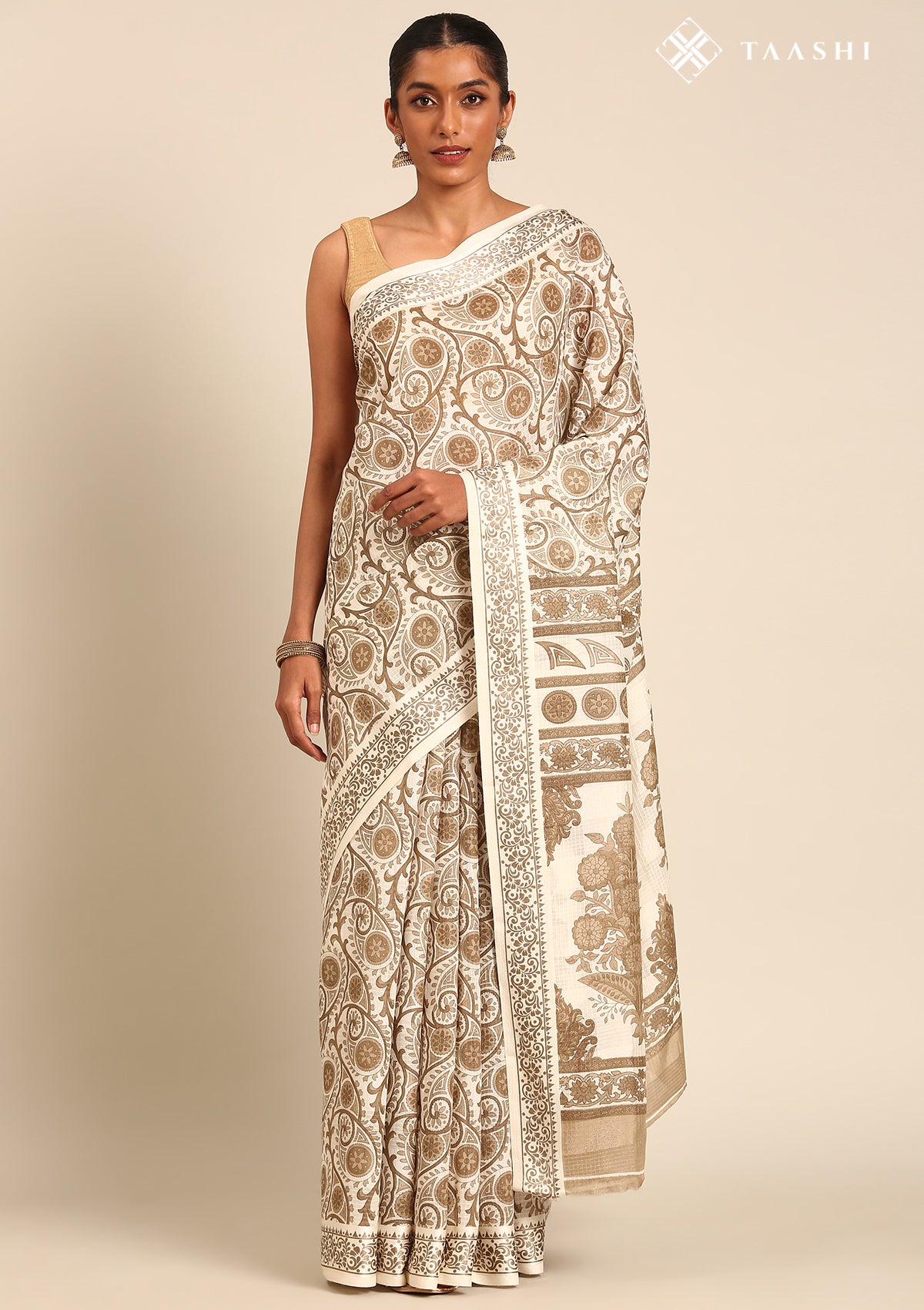 Cream And Heena Stylised A/O Paisley Pattern Linen Saree