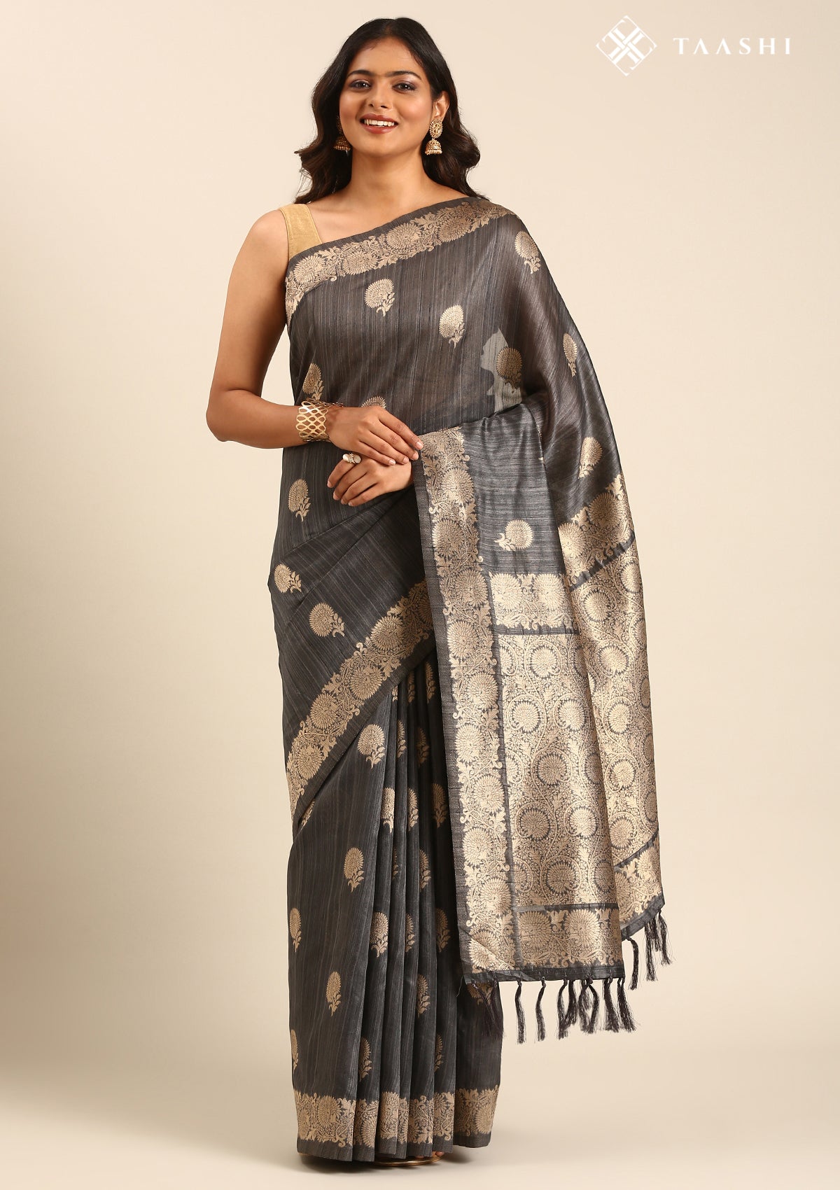 Dark Grey Floral Butta Pattern Tussar Saree
