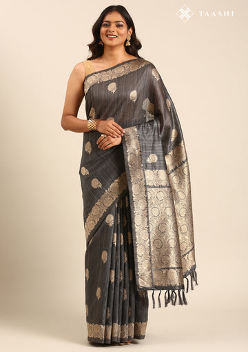 Dark Grey Floral Butta Pattern Tussar Saree