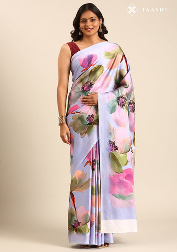 Powder Blue Satin Contemporary Printed Saree