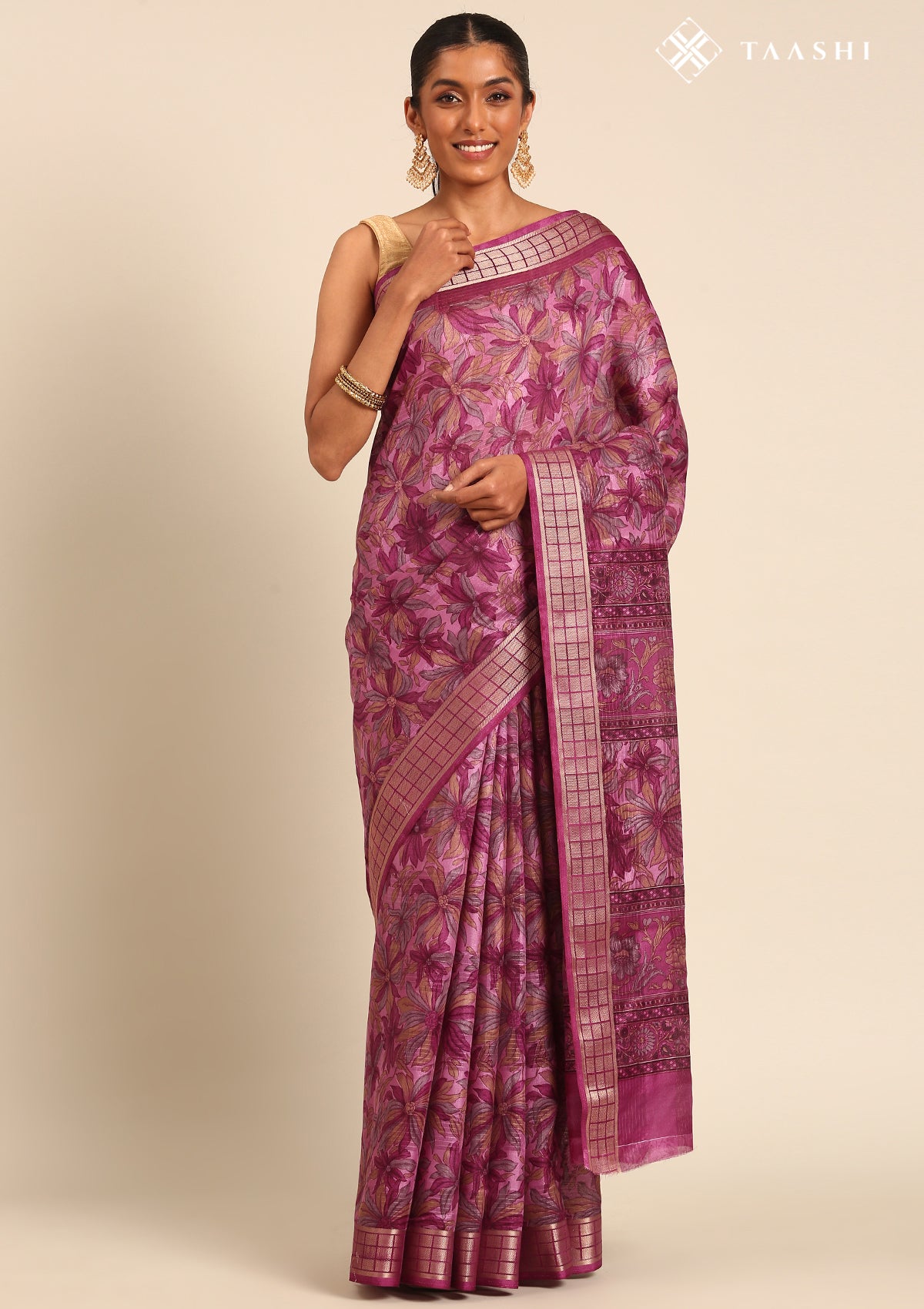 Magenta A/O Floral Printed Tussar Saree
