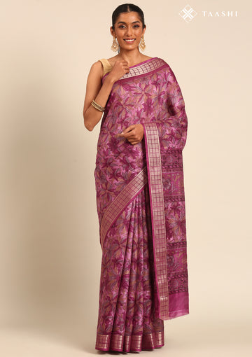 Magenta A/O Floral Printed Tussar Saree