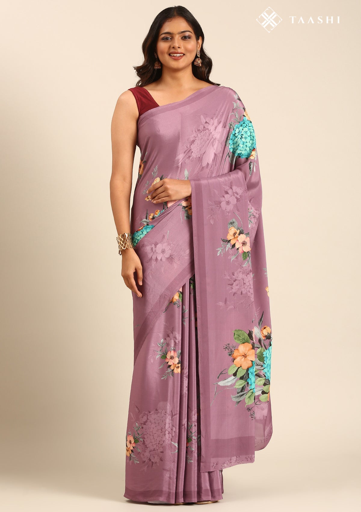 Dark Mauve Contemporary Printed Crepe Saree