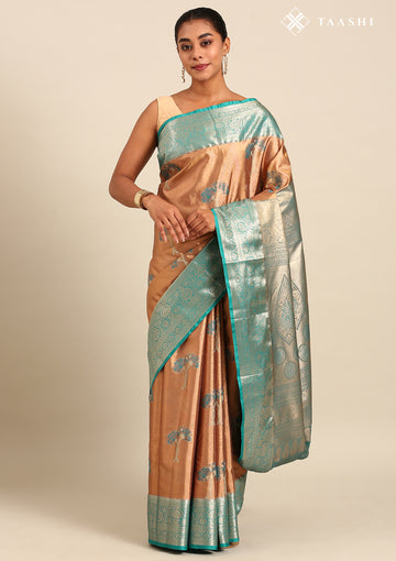 Copper and Teal Floral Pattern Tissue Brocade Kanchipuram Saree