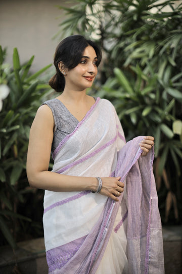 White and Lilac Dual-Tone Linen Saree with Lace Detailing