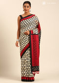Black And Cream Polkadots Printed Chiffon Saree - Taashi