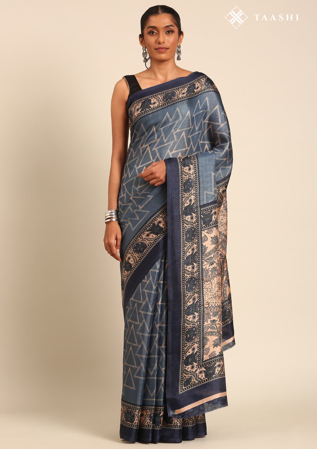 Blue Geometric Printed Tussar Saree