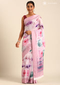 Pastel Pink Watercolor Floral Printed Georgette Saree - Taashi