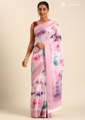 Pastel Pink Watercolor Floral Printed Georgette Saree