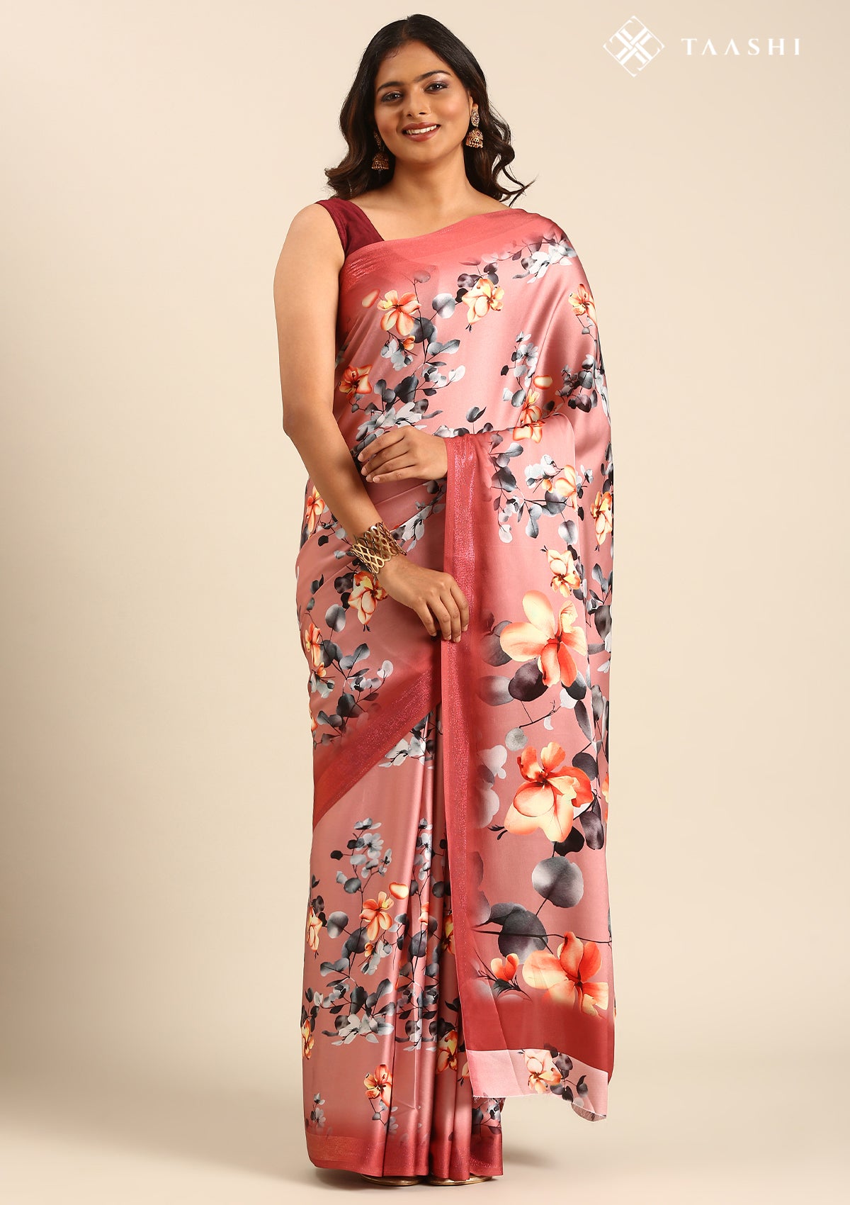 Dusty Pink Floral Digital Printed Satin Saree
