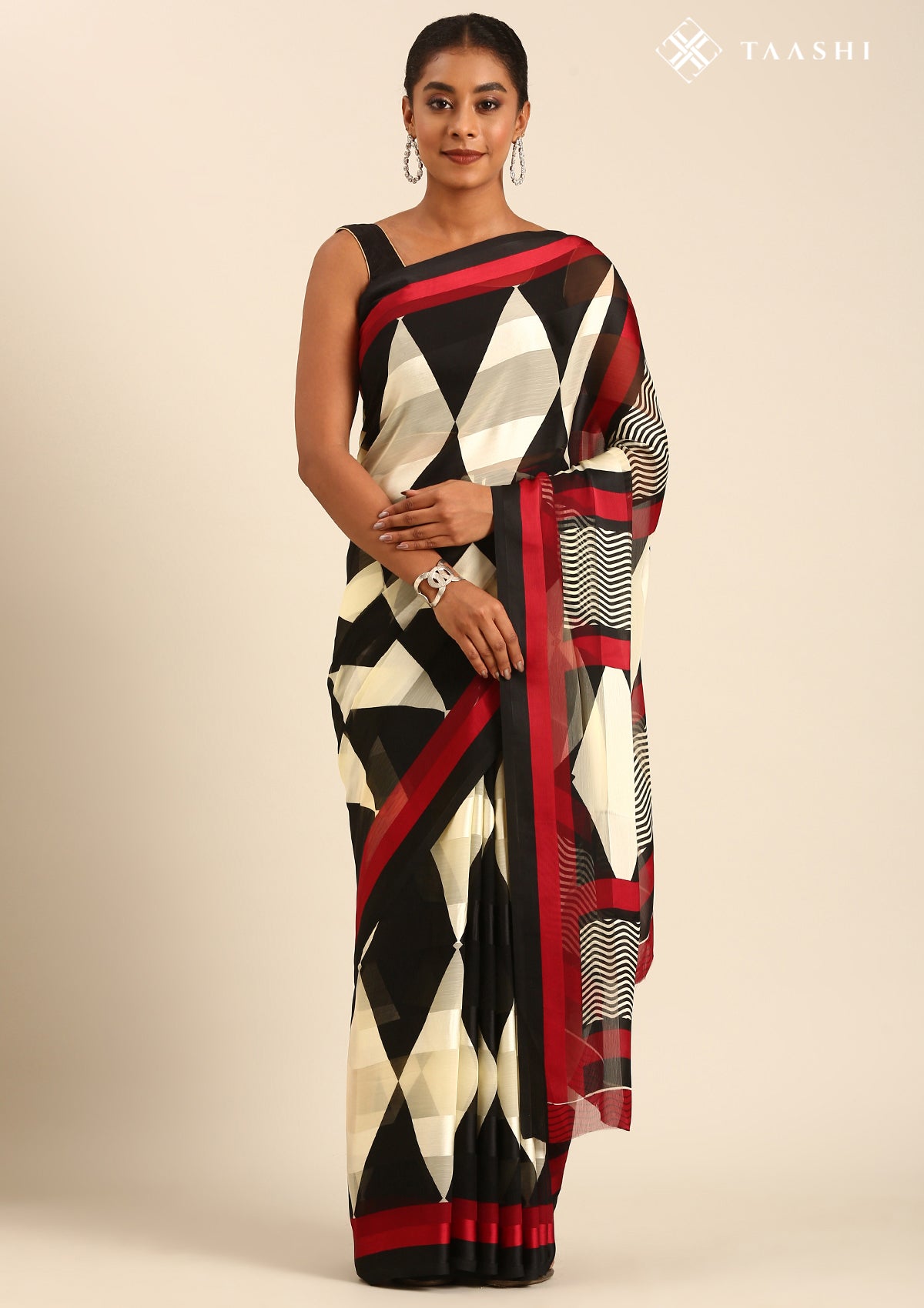 Black And Cream Geometric Printed Chiffon Saree