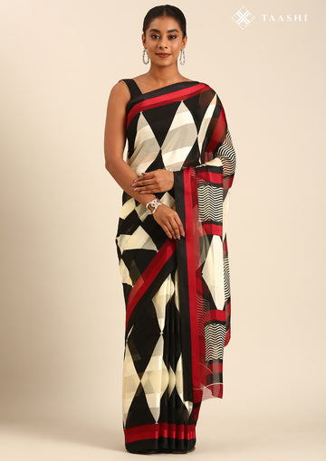 Black And Cream Geometric Printed Chiffon Saree