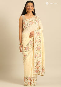 Cream Linen Contemporary Embroidered Saree