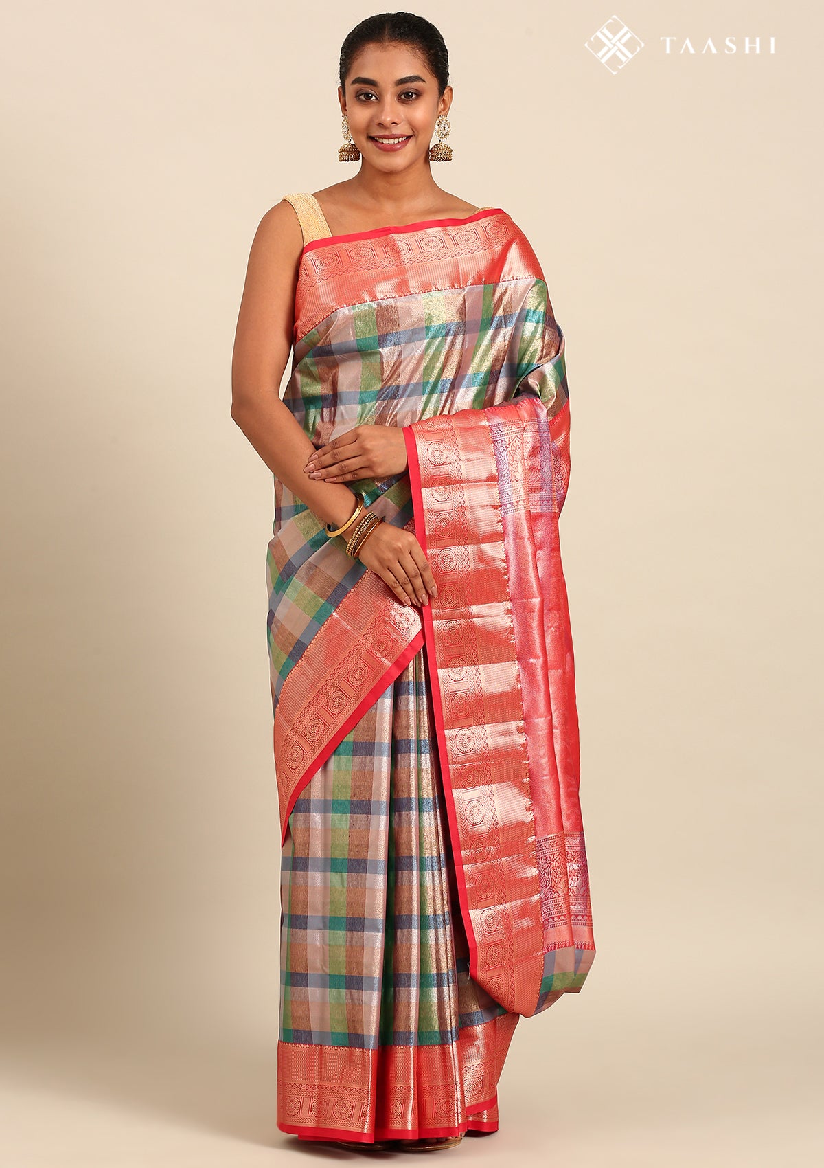 Multicolor Madras Checked Tissue Brocade Kanchipuram Saree