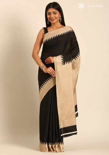 Black Temple Border Printed Tussar Saree