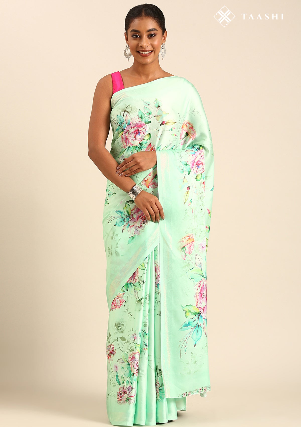 Pista Green A/O Floral Printed Satin Saree