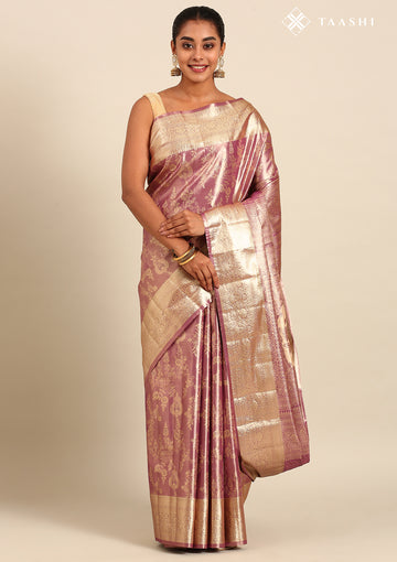 Dusty Pink and Golden Floral Pattern Tissue Brocade Kanchipuram Saree