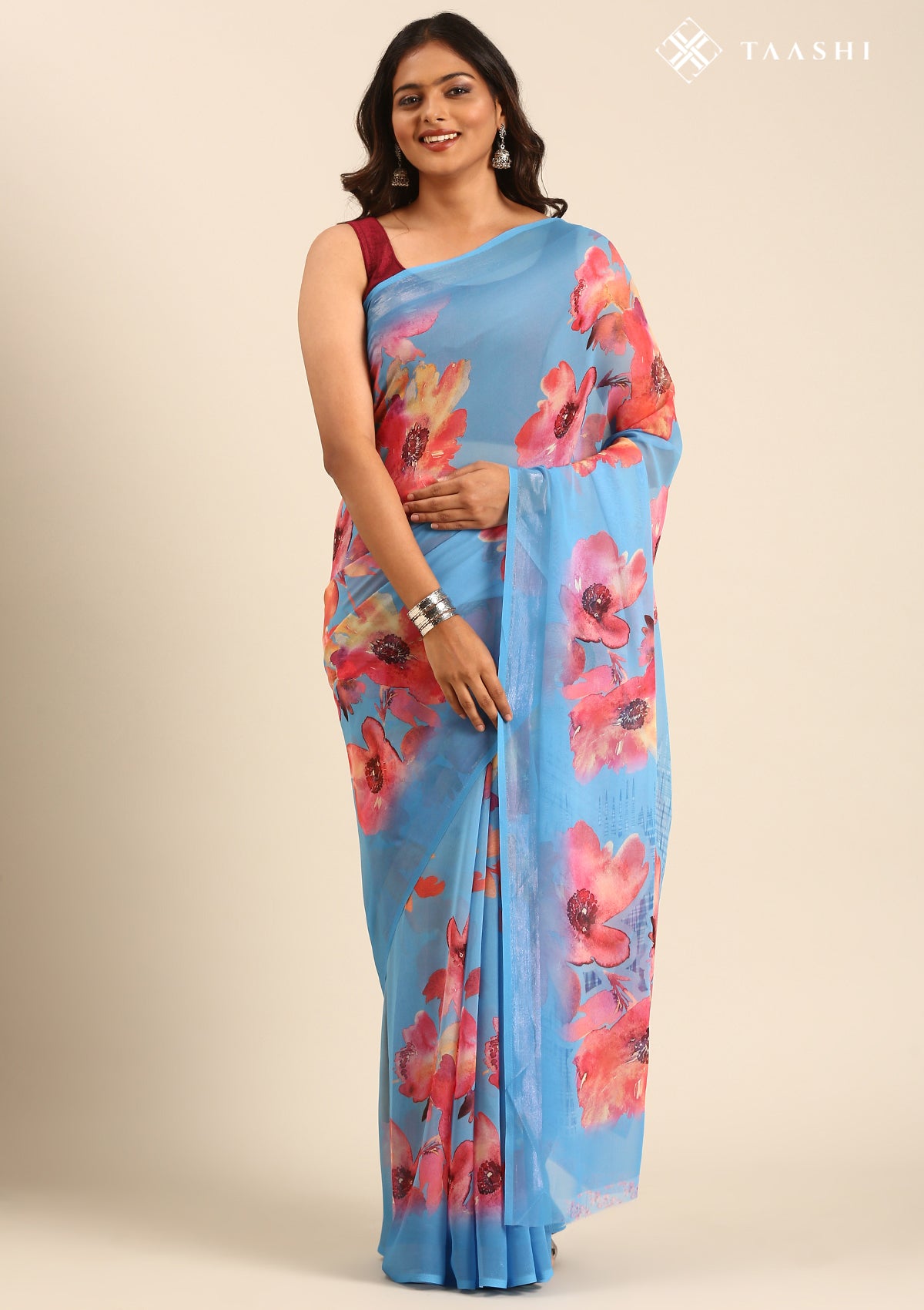 Dusty Blue Watercolor Floral Printed Georgette Saree