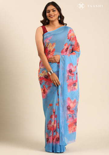 Dusty Blue Watercolor Floral Printed Georgette Saree