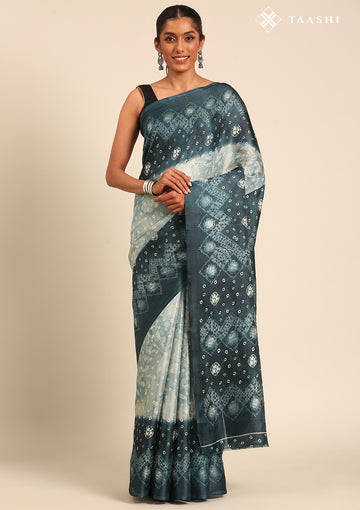 Teal Batik Printed Art Tussar Matka Silk Saree