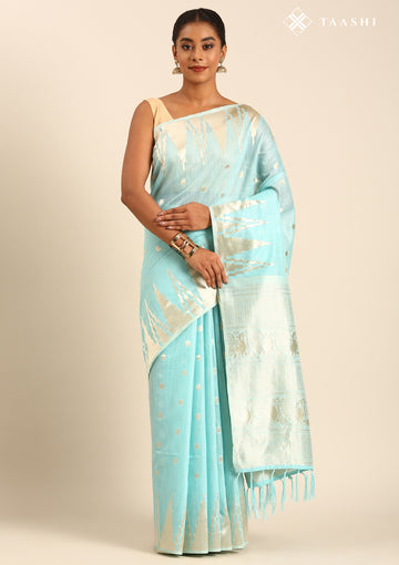 Sky Blue Traditional Temple Pattern Tussar Saree